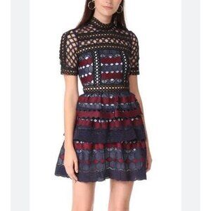 Self-Portrait Navy and Burgundy Lace Mini Dress